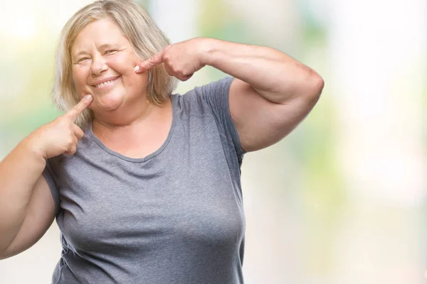 Senior Size Caucasian Woman Isolated Background Smiling Confident Showing Pointing — Stock Photo, Image