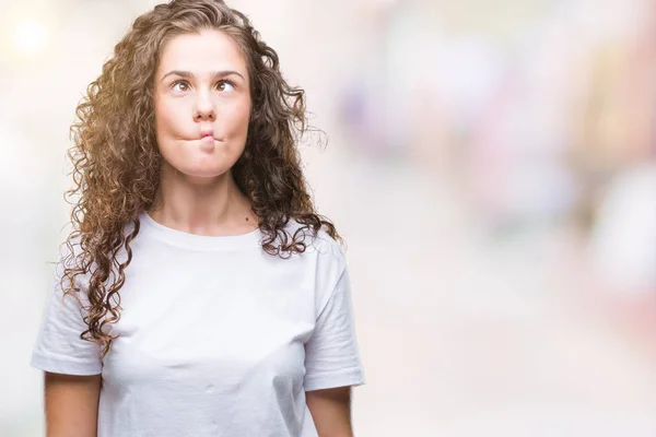 Mooie Brunette Krullend Haar Jong Meisje Dragen Casual Shirt Geïsoleerde — Stockfoto