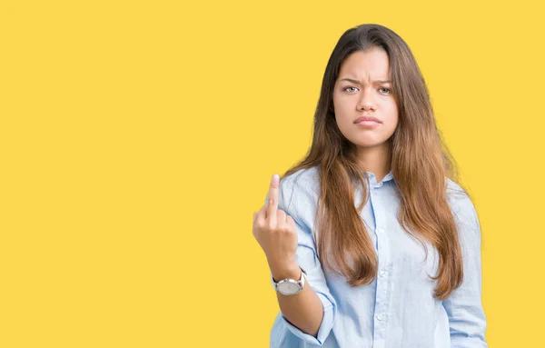 Junge Schöne Brünette Geschäftsfrau Über Isolierten Hintergrund Zeigt Mittelfinger Unhöflich — Stockfoto