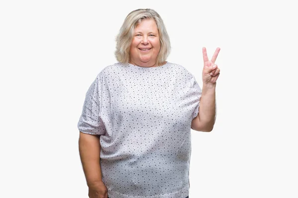 Senior Más Tamaño Mujer Caucásica Sobre Fondo Aislado Sonriendo Con — Foto de Stock