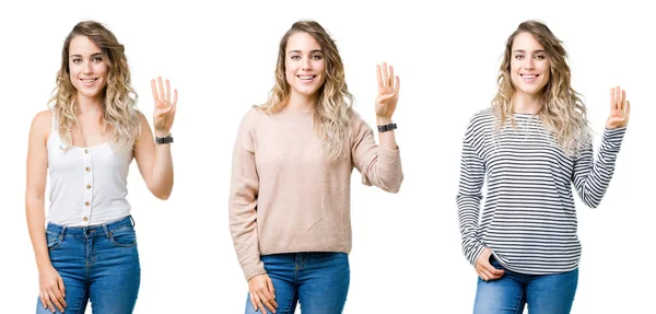 Collage Ung Vacker Blond Tjej Över Isolerade Bakgrund Visar Och — Stockfoto