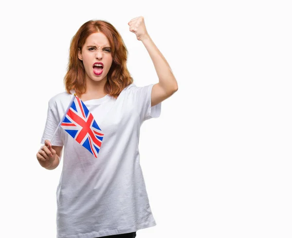 Joven Hermosa Mujer Sosteniendo Bandera Del Reino Unido Sobre Fondo —  Fotos de Stock