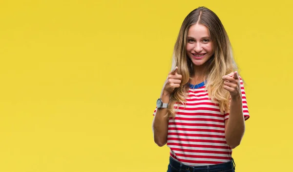 Jovem Bela Mulher Loira Sobre Fundo Isolado Apontando Dedos Para — Fotografia de Stock