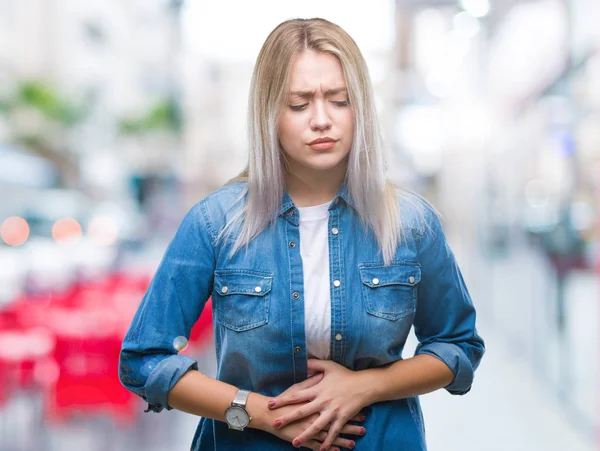 若いブロンドの女性の上から胃に手でバック グラウンドを分離した吐き気 気分が悪く痛みを伴う病気 痛みの概念 — ストック写真