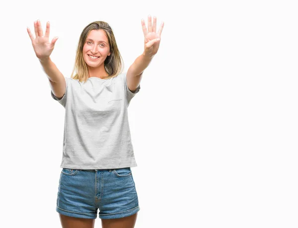 Young Beautiful Woman Isolated Background Showing Pointing Fingers Number Nine — Stock Photo, Image