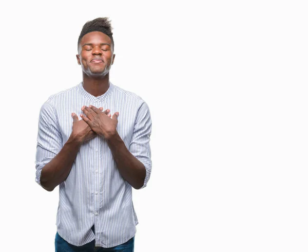 Jovem Afro Americano Sobre Fundo Isolado Sorrindo Com Mãos Peito — Fotografia de Stock