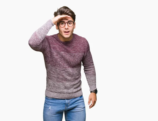 Ung Vacker Man Bär Glasögon Över Isolerade Bakgrund Mycket Glad — Stockfoto