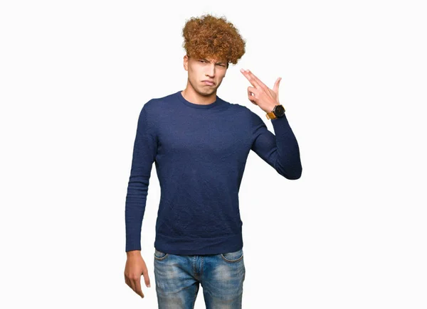 Young Handsome Man Afro Hair Shooting Killing Oneself Pointing Hand — Stock Photo, Image