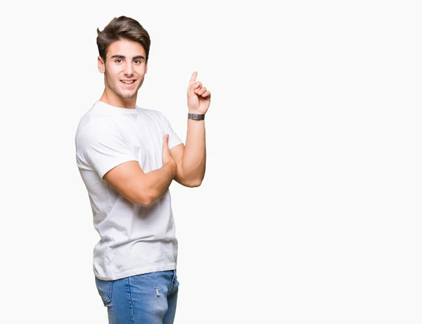 Homem Bonito Jovem Vestindo Camiseta Branca Sobre Fundo Isolado Com — Fotografia de Stock