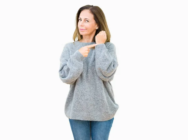 Beautiful Middle Age Woman Wearing Winter Sweater Isolated Background Hurry — Stock Photo, Image