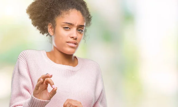 Young Afro American Woman Wearing Winter Sweater Isolated Background Disgusted — Stock Photo, Image