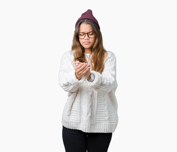 Young Beautiful Brunette Hipster Woman Wearing Glasses Winter Hat Isolated — Stock Photo, Image