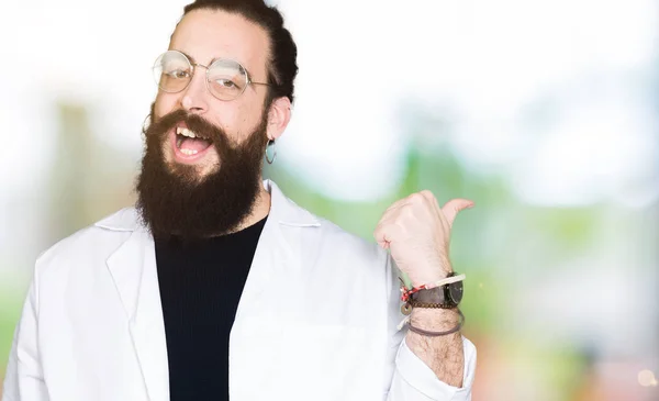 Doctor Therapist Man Long Hair Bear Wearing White Coat Smiling — Stock Photo, Image