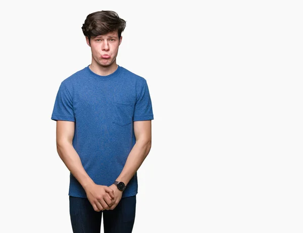 Młody Przystojny Mężczyzna Białym Tle Sobie Niebieski Shirt Depresji Martwić — Zdjęcie stockowe