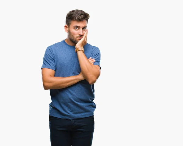 Joven Hombre Guapo Sobre Fondo Aislado Pensando Que Cansado Aburrido — Foto de Stock