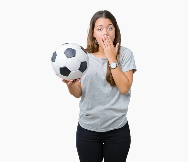 Junge Schöne Brünette Frau Hält Fußballball Über Isolierten Hintergrund Deckel — Stockfoto