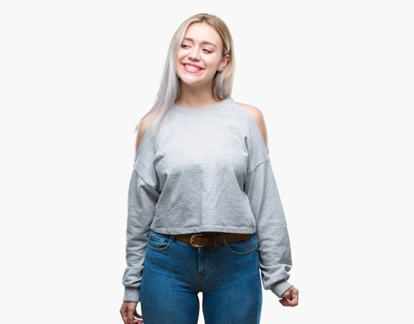 Junge Blonde Frau Mit Isoliertem Hintergrund Die Mit Einem Lächeln — Stockfoto