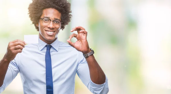 Afro Amerikai Ember Aki Névjegykártyát Elszigetelt Háttérben Ujjaival Kiváló Szimbólum — Stock Fotó