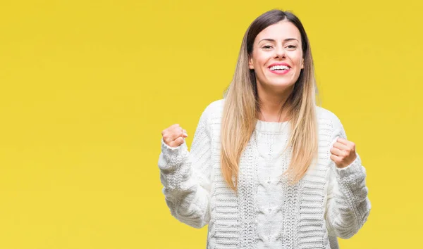 Jeune Belle Femme Casual Pull Blanc Sur Fond Isolé Très — Photo