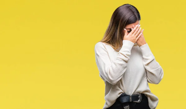 Mujer Hermosa Joven Suéter Blanco Casual Sobre Fondo Aislado Con —  Fotos de Stock