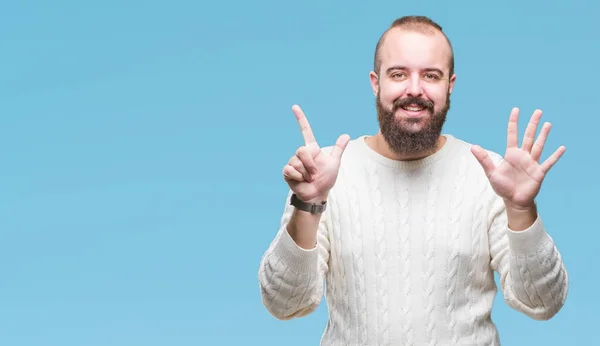 Giovane Uomo Hipster Caucasico Indossa Maglione Invernale Sfondo Isolato Mostrando — Foto Stock