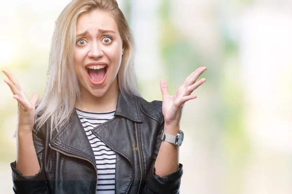 Jonge Blonde Vrouw Mode Jas Dragen Geïsoleerd Achtergrond Vieren Gek — Stockfoto