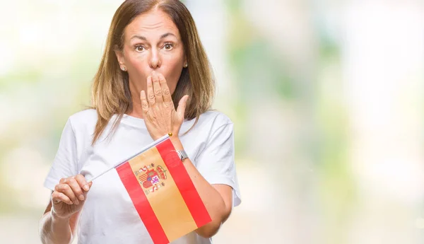 Spaanse Vrouw Middelbare Leeftijd Met Vlag Van Spanje Voeren Geïsoleerde — Stockfoto