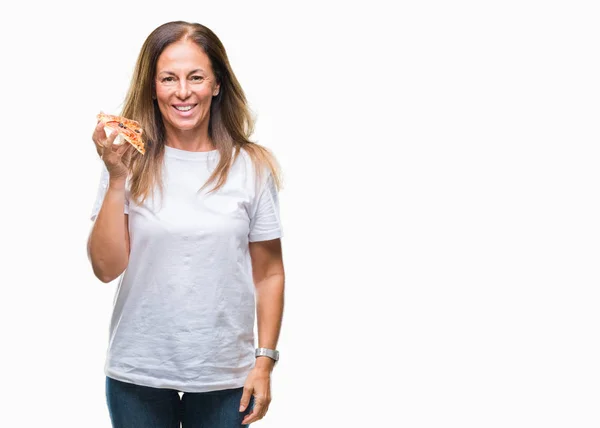 Middle Age Hispanic Woman Eating Pizza Slice Isolated Background Happy — Stock Photo, Image