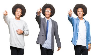Beyaz üzerinde afro saçlı Genç adam kolaj izole arka plan ile sürpriz devam parmakla, açık ağız hayret ifadesi, önünde bir şey