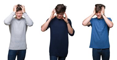 Çünkü çaresiz ve stresli baş ağrısı acı beyaz izole arka plan üzerinde genç adam kolaj ağrı ve migren. Ellerini kafasına.