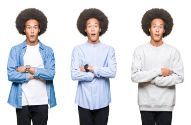 Beyaz izole arka plan korkuyor ve şok sürpriz ifade, korku ve heyecan yüz üzerinden afro saçlı Genç adam kolaj.