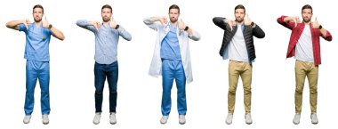 Kolaj çekici genç adam beyaz bir arka plan yapmak yukarı ve aşağı başparmak, anlaşmazlık ve anlaşma ifade izole. Deli çatışma