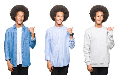 Seyir ve başparmak yanında yukarıyı mutlu yüz ile gülümseyen beyaz izole arka plan üzerinde afro saçlı Genç adam kolaj.