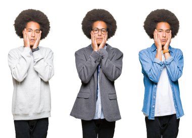 Yüz, depresyon ve üzüntü, üzgün ve sorun için tahriş kapsayan beyaz izole arka plan yorgun eller üzerinde afro saçlı Genç adam kolaj