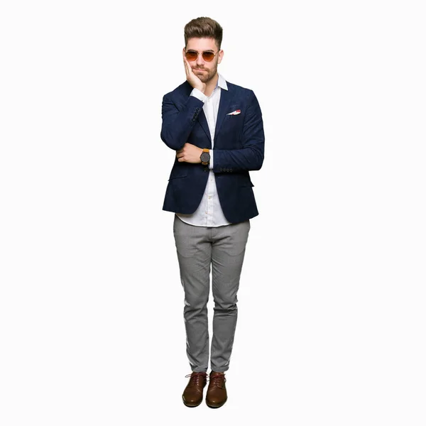 Young Handsome Elegant Man Wearing Sunglasses Fashion Blazer Thinking Looking — Stock Photo, Image