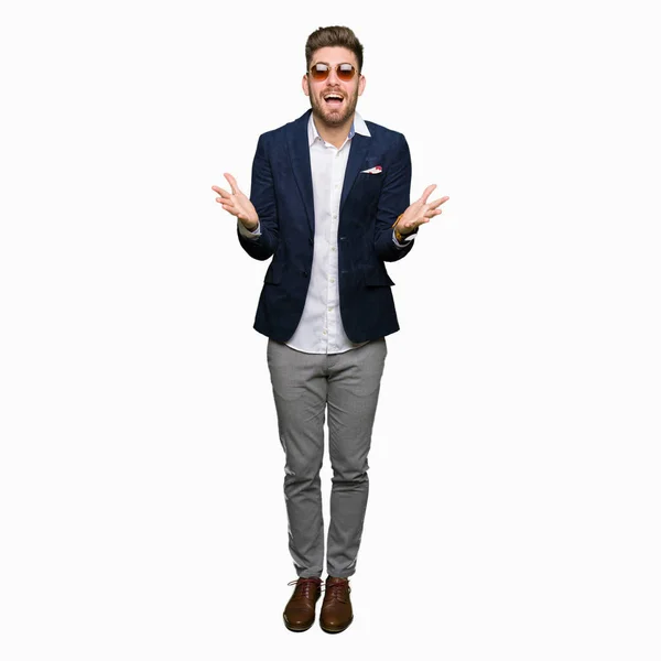 Young Handsome Elegant Man Wearing Sunglasses Fashion Blazer Celebrating Crazy — Stock Photo, Image