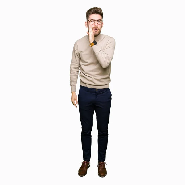 Young Handsome Business Man Wearing Glasses Hand Mouth Telling Secret — Stock Photo, Image