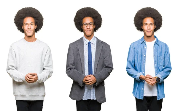 Collage Giovane Uomo Con Capelli Afro Sfondo Bianco Isolato Mani — Foto Stock