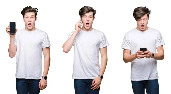 Коллаж Молодого Человека Использующего Смартфон Белом Изолированном Фоне Испуганный Шоке — стоковое фото