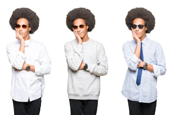 Colagem Jovem Com Cabelo Afro Sobre Fundo Isolado Branco Pensando — Fotografia de Stock