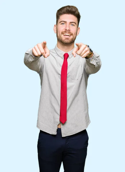 Young Handsome Business Man Pointing You Camera Fingers Smiling Positive — Stock Photo, Image