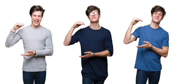 Collage Ung Man Över Vit Isolerade Bakgrund Gestikulerande Med Händer — Stockfoto