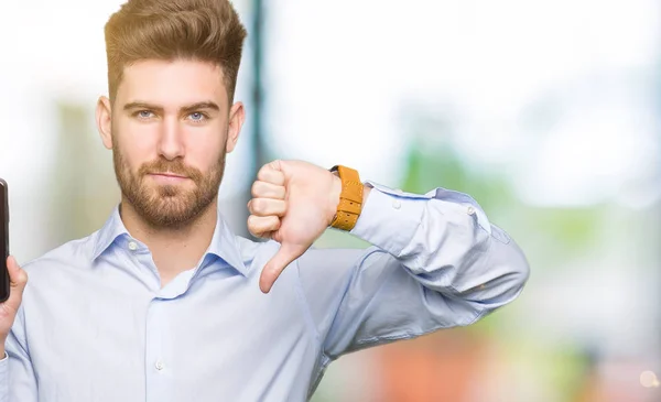 Young Handsome Man Business Showing Smartphone Screen Angry Face Negative — Stock Photo, Image