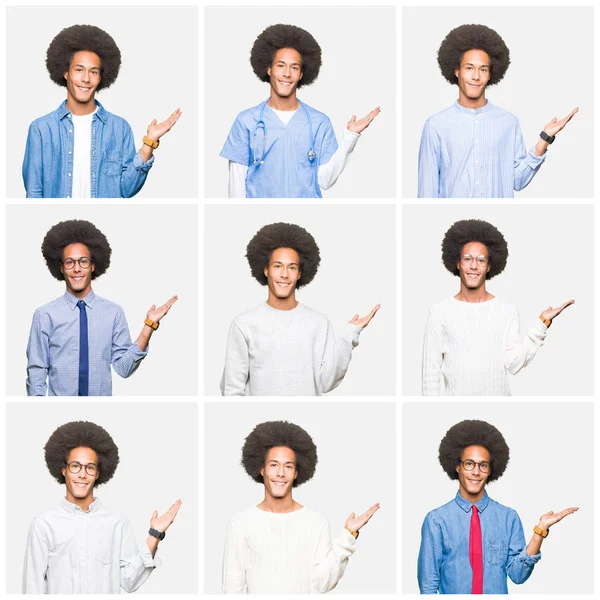 Colagem Jovem Com Cabelo Afro Sobre Fundo Isolado Branco Sorrindo — Fotografia de Stock