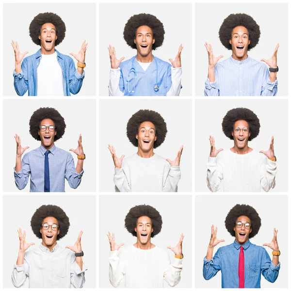 Koláž Mladého Muže Afro Vlasy Bílé Izolované Pozadí Slaví Blázen — Stock fotografie