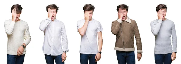 Collage Jeune Homme Sur Fond Blanc Isolé Couvrant Œil Avec — Photo