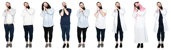 Collage Young Man Beard Long Hair White Isolated Background Sleeping — Stock Photo, Image