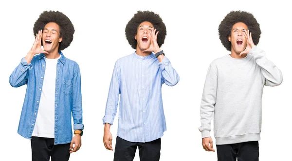 Collage Giovane Uomo Con Capelli Afro Sfondo Bianco Isolato Urlando — Foto Stock