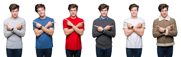 Коллаж Молодого Человека Белом Изолированном Фоне Указывающий Обе Стороны Пальцами — стоковое фото