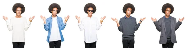 Collage Young Man Afro Hair White Isolated Background Clueless Confused — Stock Photo, Image